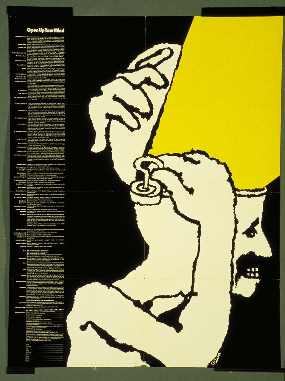 Stylized graphic of a person turning a key in their head, which is open like a container. The background is divided between yellow and black, with text on the left.
