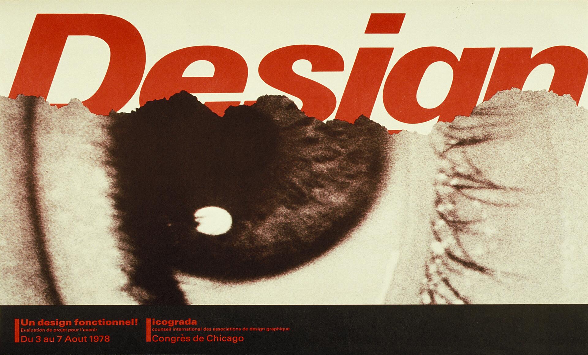 Vintage graphic design poster with a large red word "Design" overlaying a close-up of an eye. Torn paper effect at the top. Text in French and English at the bottom mentions a design congress in Chicago, August 1978. Brown and red color scheme.