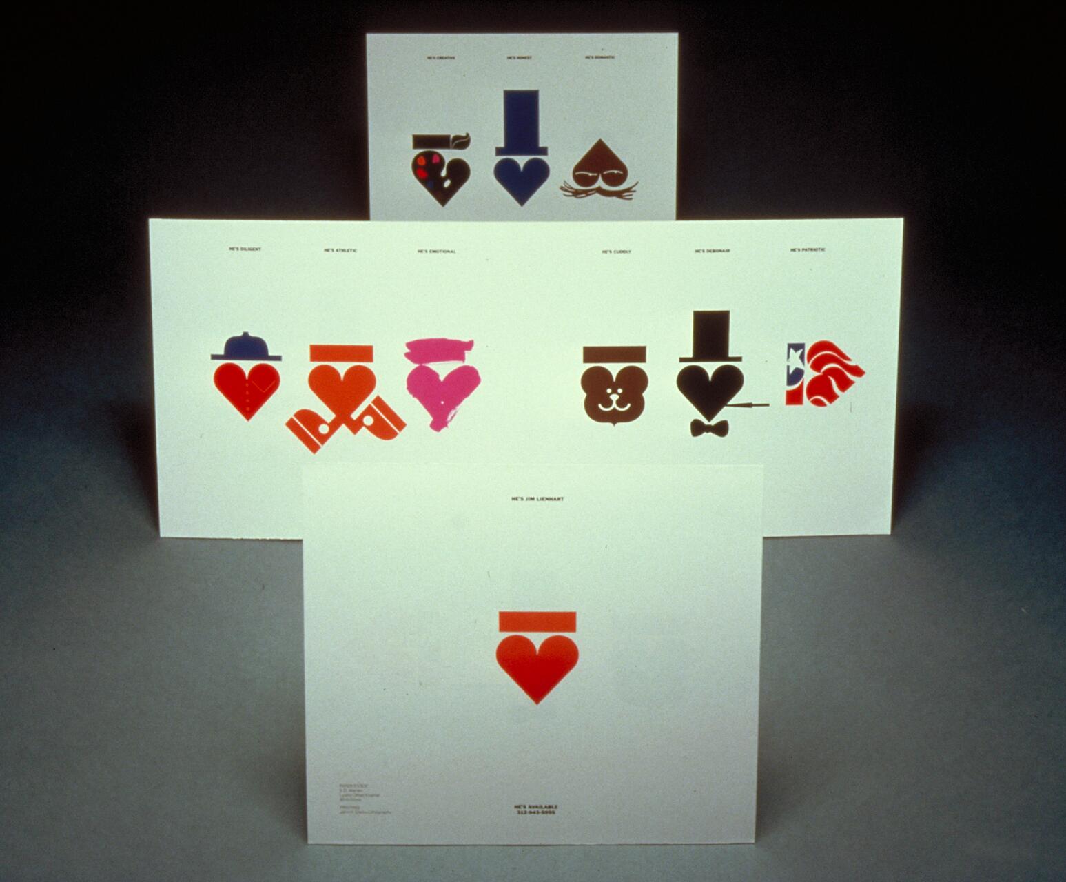 Three graphic art prints featuring various stylized hearts. Each heart is combined with different elements like hats and faces, arranged on separate white sheets. The background is a plain, dark surface.
