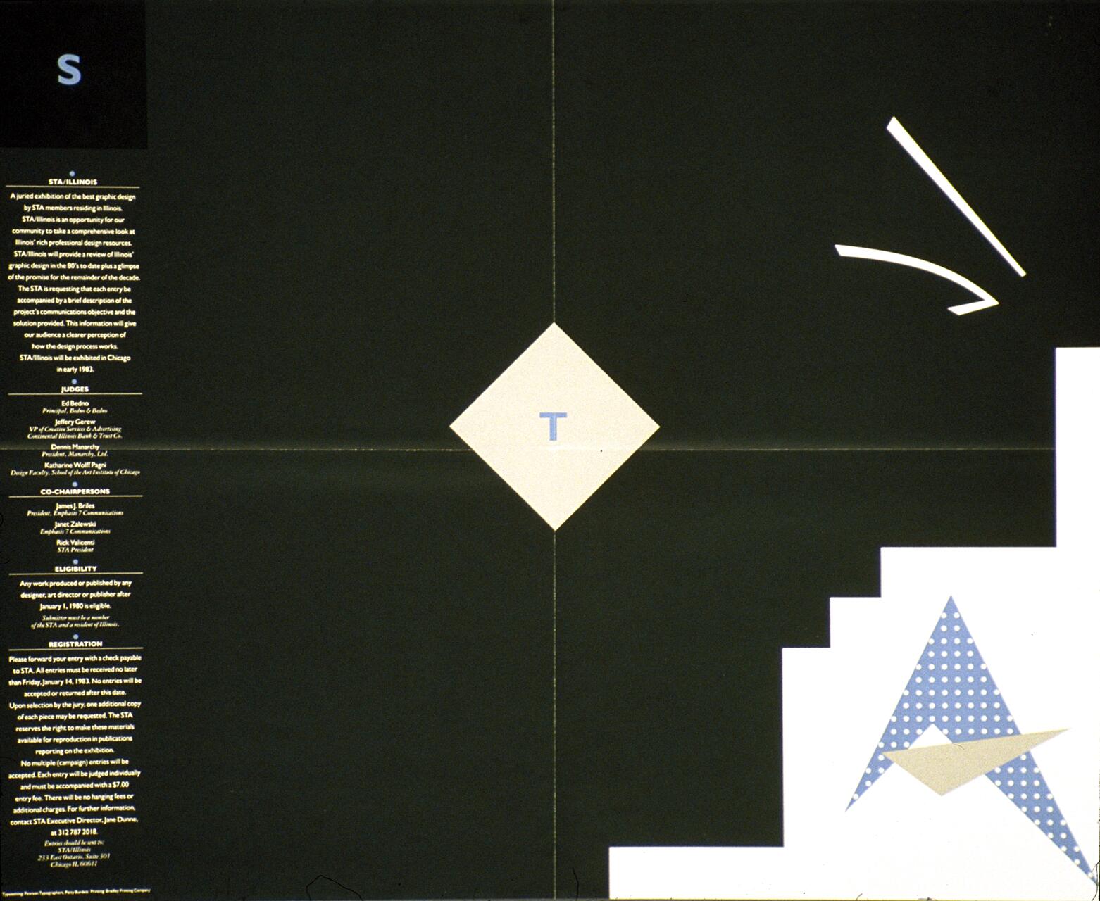 Graphic design with a dark background, featuring a central beige diamond with the letter "T", text on the left, and geometric shapes including stair-like steps and a dotted triangle in the bottom right.