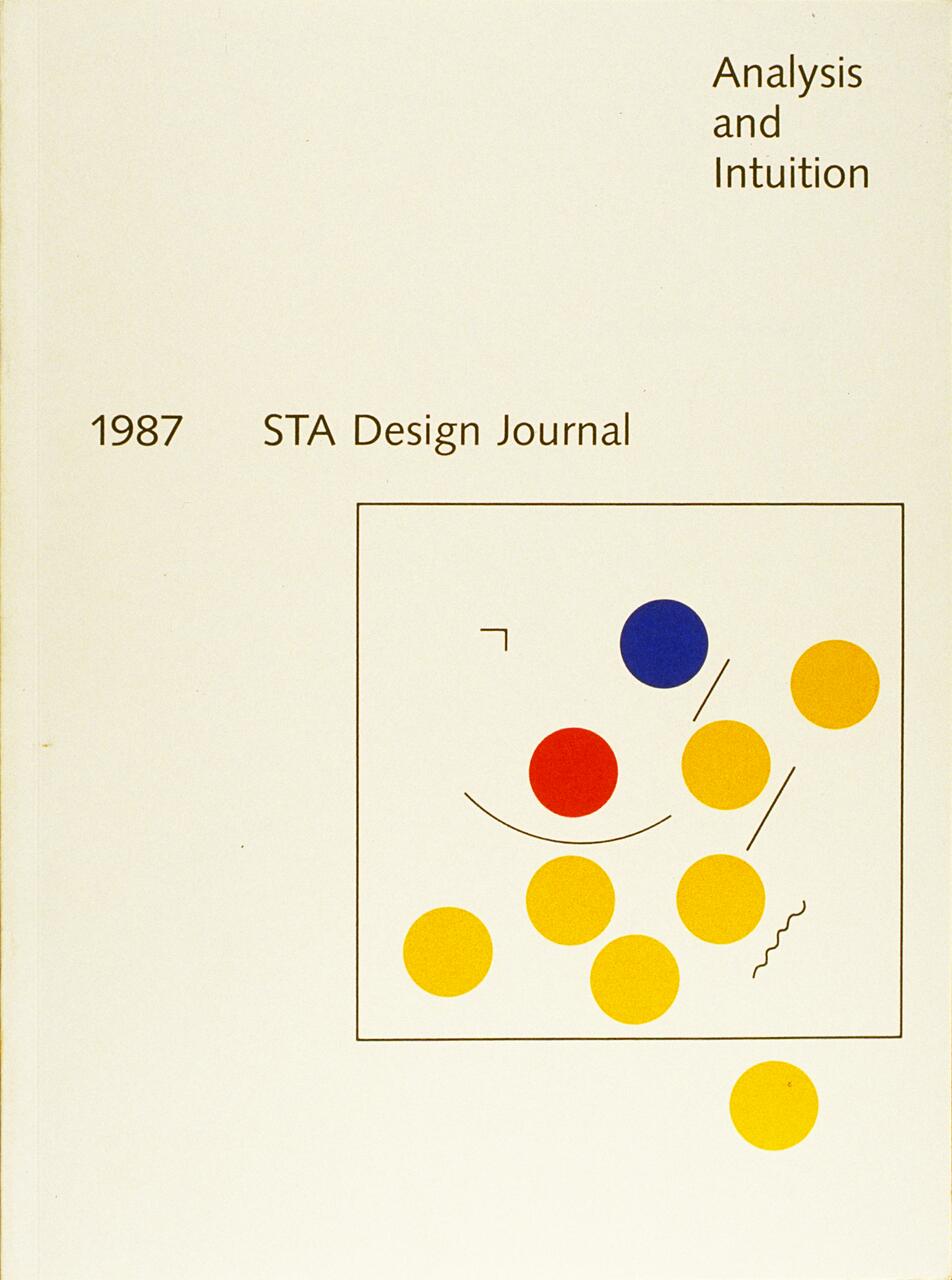 Cover of the 1987 STA Design Journal titled "Analysis and Intuition," featuring a minimalist geometric design with yellow, red, and blue circles and abstract lines on a beige background.