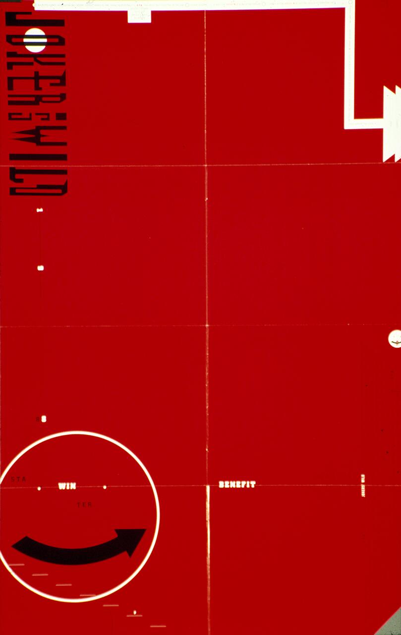 Red and white abstract poster with bold geometric shapes, including a large arrow in a circle pointing to the right. White text scattered throughout, with "Joker is Wild" vertically along the left edge.