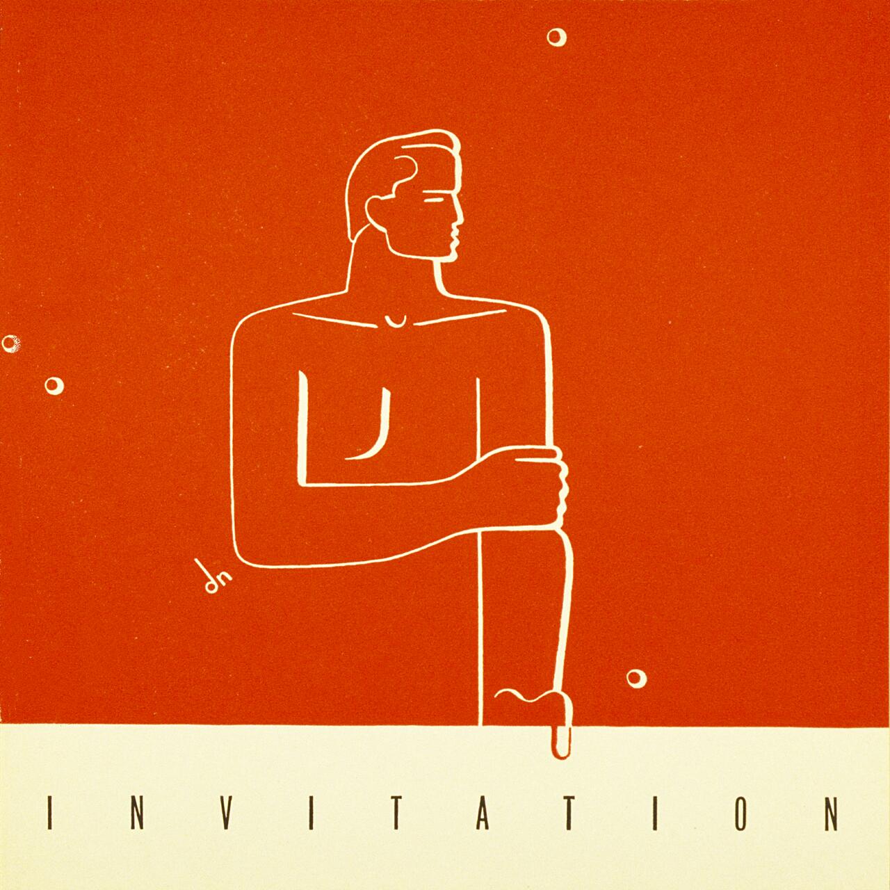 Abstract illustration of a stylized human figure in white line art against an orange background, with the word "INVITATION" in black letters at the bottom.