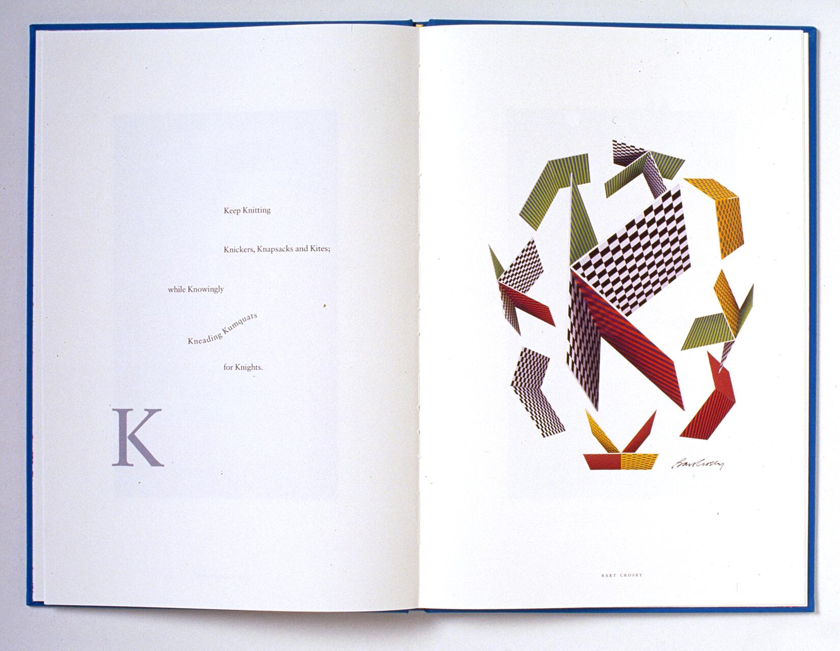 Left page has a large letter "K" and playful text arranged diagonally. Right page features abstract geometric patterns in yellow, red, green, and black with checkered designs, forming a loose circular shape.