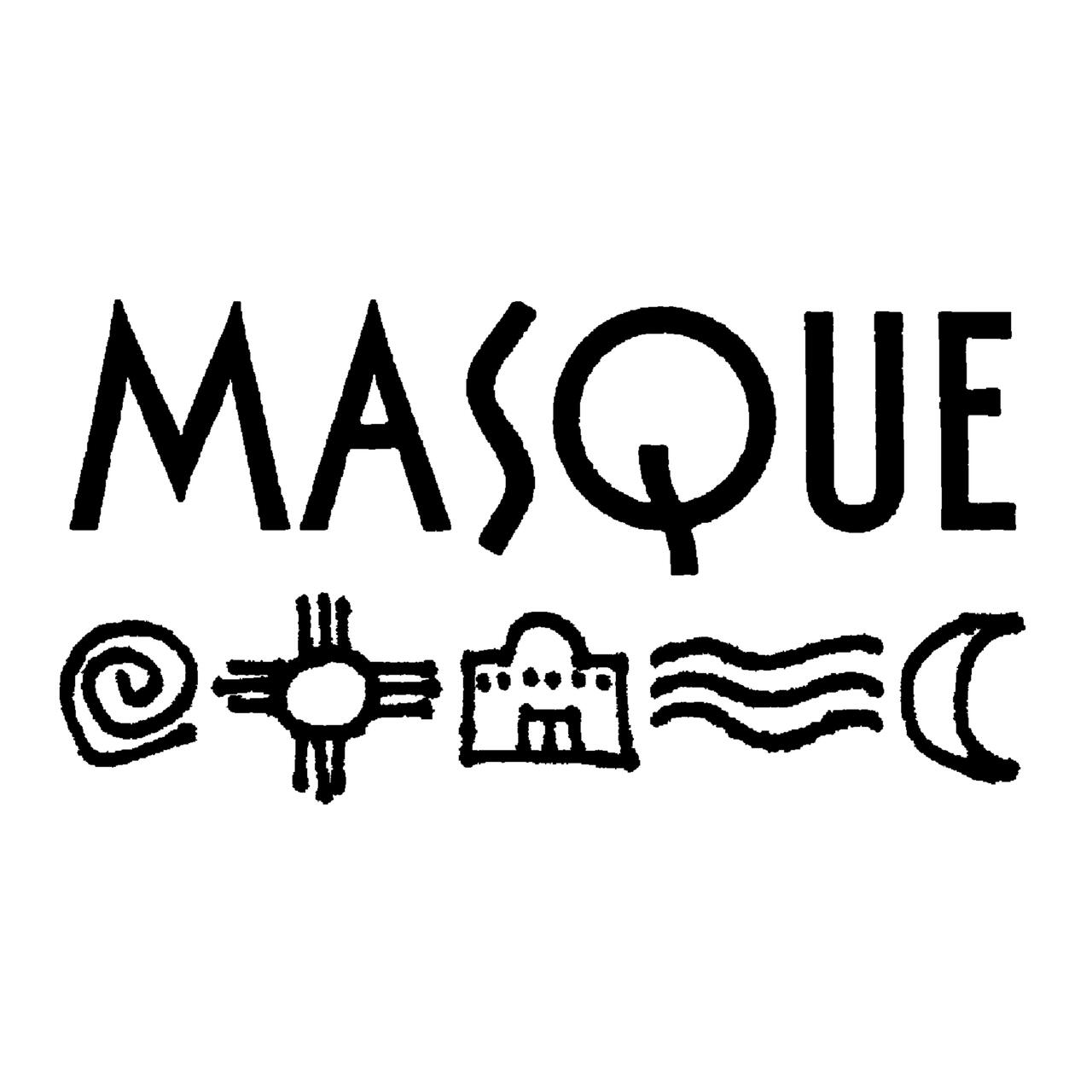 Text "MASQUE" above five icons: a spiral, a sun symbol, a building, waves, and a crescent moon. Black on white.