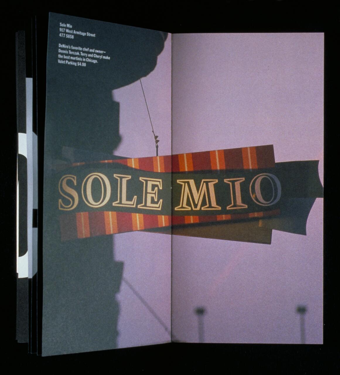 Sign with the text "SOLE MIO" in large letters, displayed on a colorful banner. The background is a silhouette of a building against a dusky sky.