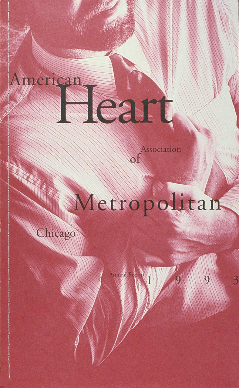 Man in a shirt and tie with arms crossed, viewed in a red tint. Text overlaid includes "American Heart Association of Metropolitan Chicago Annual Report 1993."