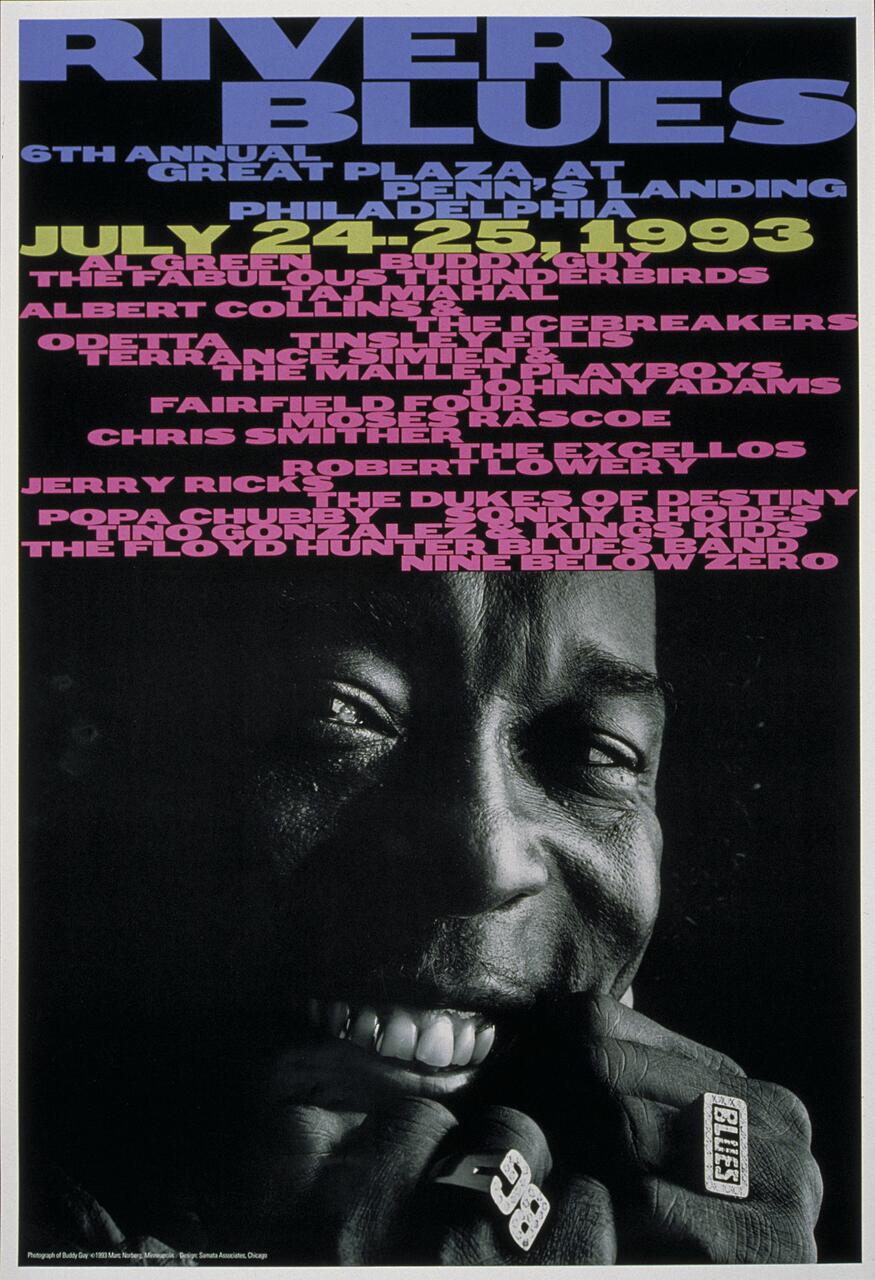 Event poster for "River Blues" festival, featuring a close-up black-and-white photo of a smiling man wearing rings. Bold, colorful text lists the event details and performers, dated July 24-25, 1993, at Penn's Landing, Philadelphia.