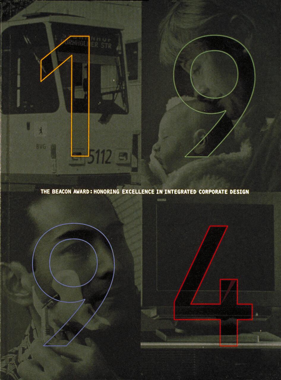 Collage of four images divided by large numbers 1, 9, 9, and 4, featuring a tram, a woman with a baby, a man with a headset, and a computer screen. Text: "The Beacon Award: Honoring Excellence in Integrated Corporate Design."