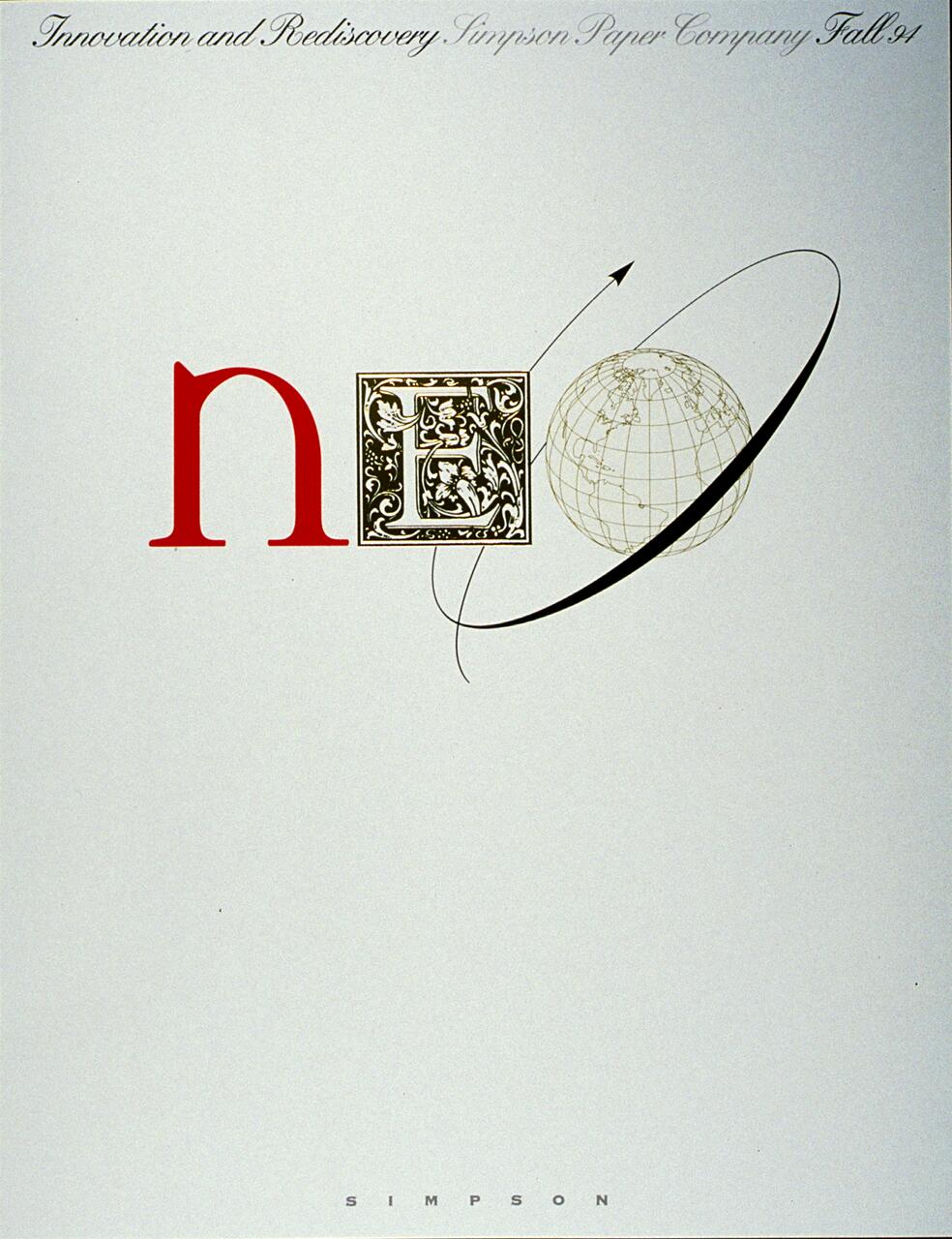 Text graphic with the letters "n" in red, "E" in an ornate box, and an illustrated globe with an orbit line. The background is light gray with elegant scripted text at the top.