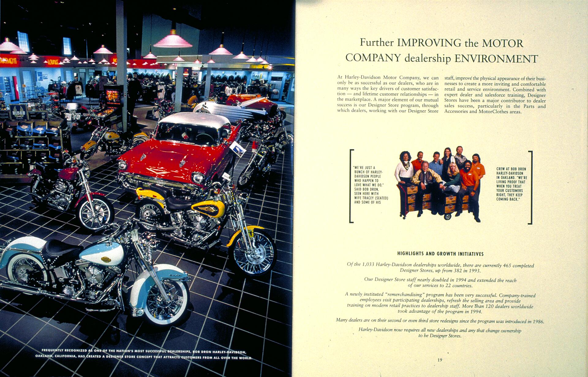 A vibrant dealership showroom with motorcycles and a vintage red car on display, surrounded by accessories. Adjacent text highlights Harley-Davidson's dealership improvements and includes a staff photograph with a friendly quote.