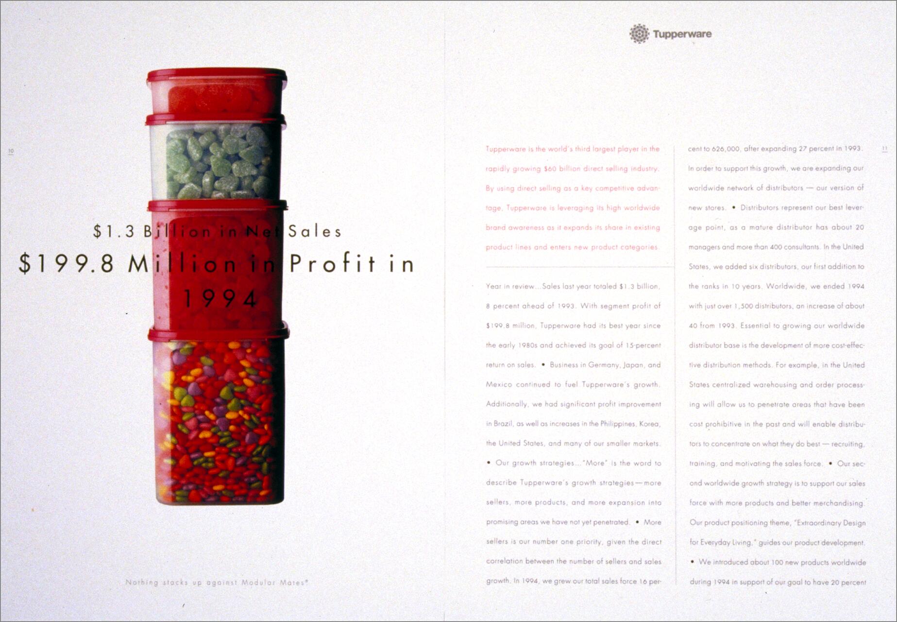Tupperware advertisement featuring a stack of three red-lidded Tupperware containers filled with various colored items, set against a light background. Text on the left side emphasizes sales figures and profits in 1994, while the right side contains detailed company information.