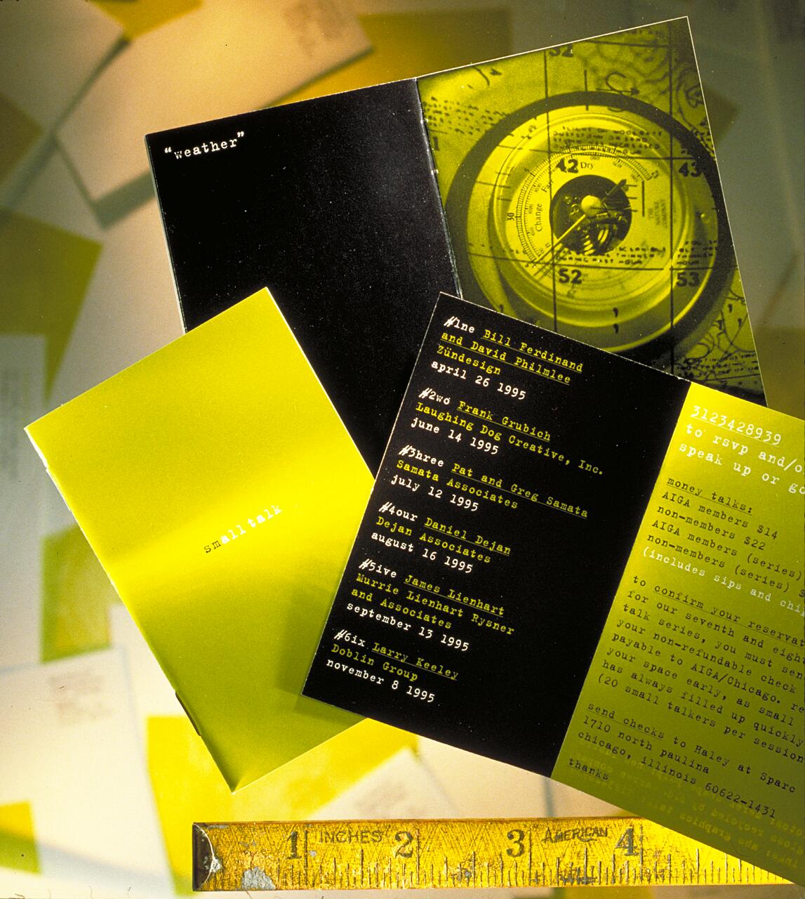Event invitation featuring weather-themed graphics and text details, with a yellow and black color scheme. A ruler at the bottom suggests scale.