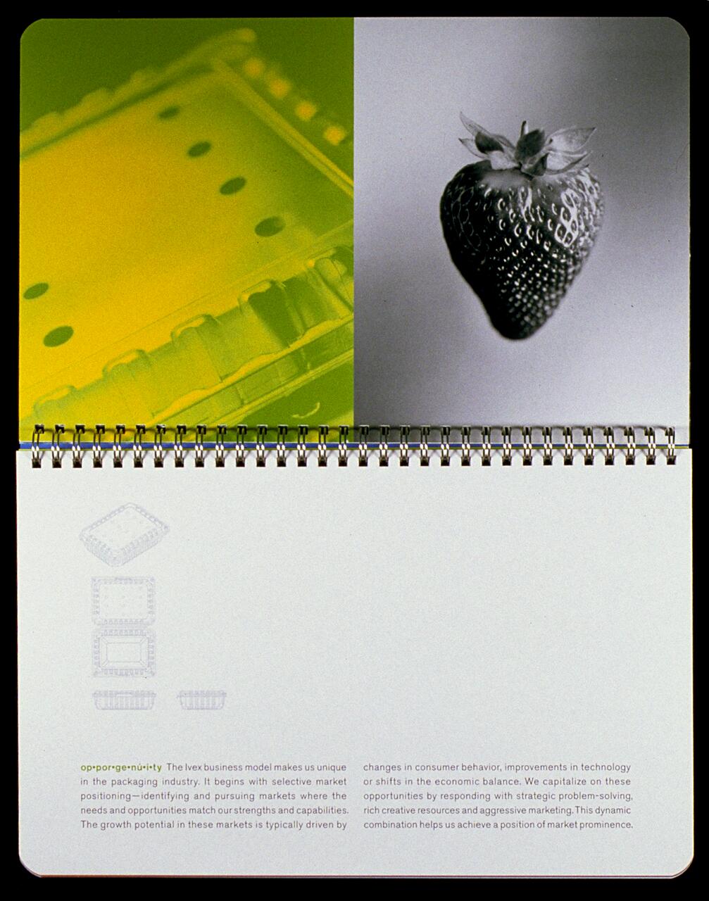 A spiral-bound page featuring a split design. The left side is a yellow overlay on a container, and the right side is a grayscale image of a strawberry. Below, there is text about market positioning and packaging.