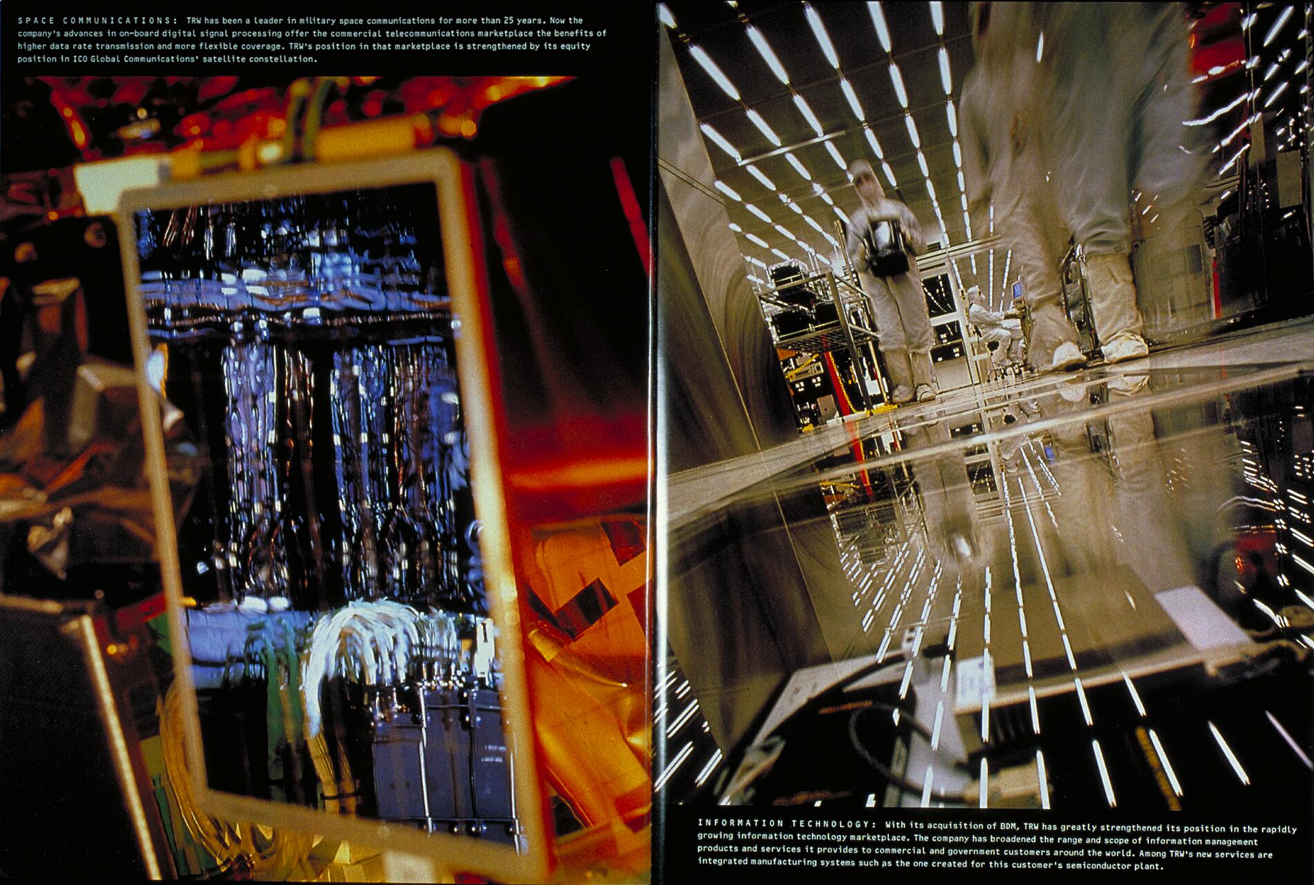 Abstract photograph featuring reflective surfaces. Left side shows colorful reflective metal panels. Right side depicts blurred figures in laboratory attire walking in a brightly lit cleanroom environment with shiny floors.