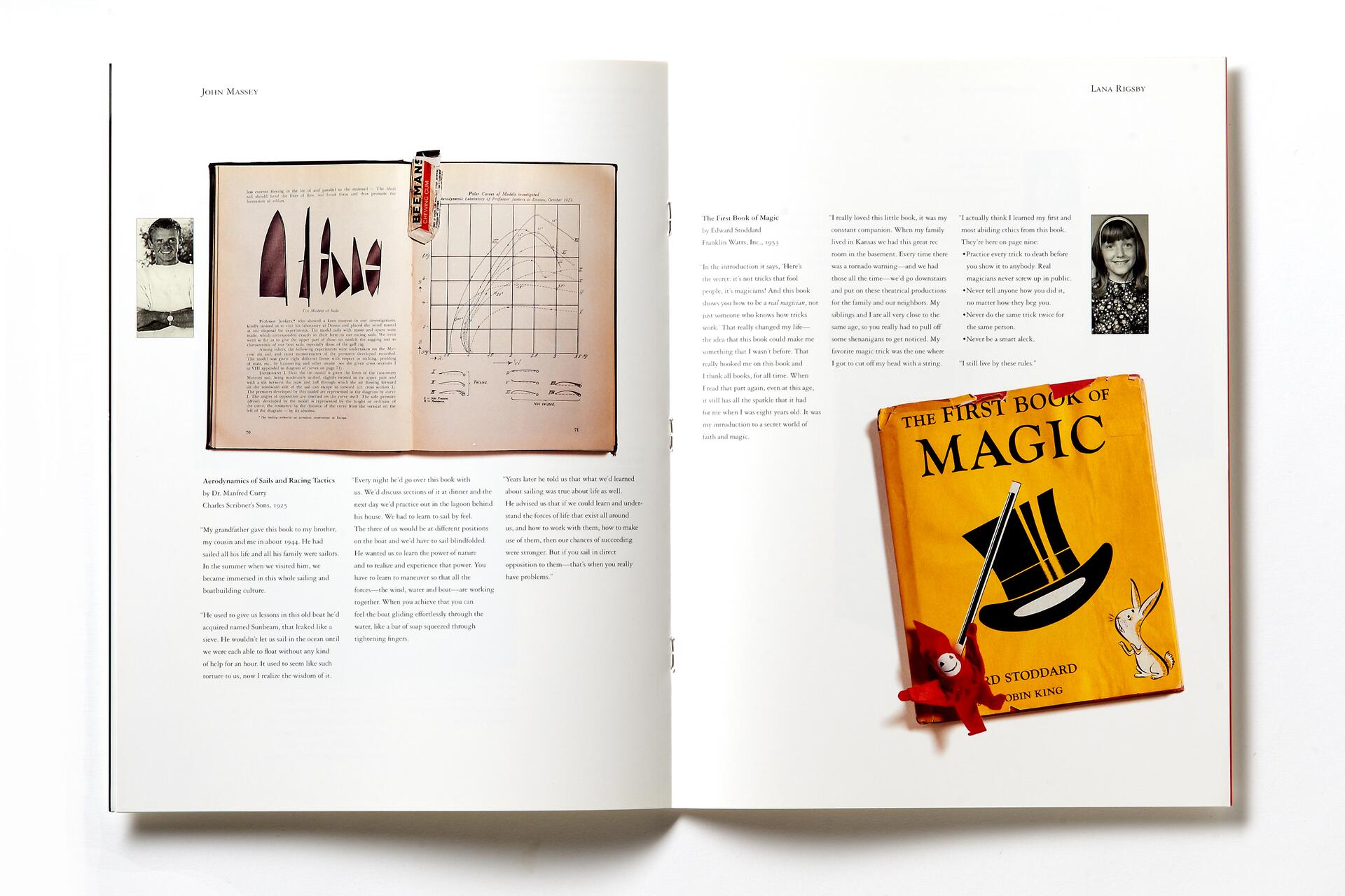 Open book lays flat, featuring an illustrated page with charts and sail diagrams on the left, and text on the right. A yellow book titled "The First Book of Magic" with a top hat and wand rests on the right page. Small black-and-white portrait photos are in the corner.