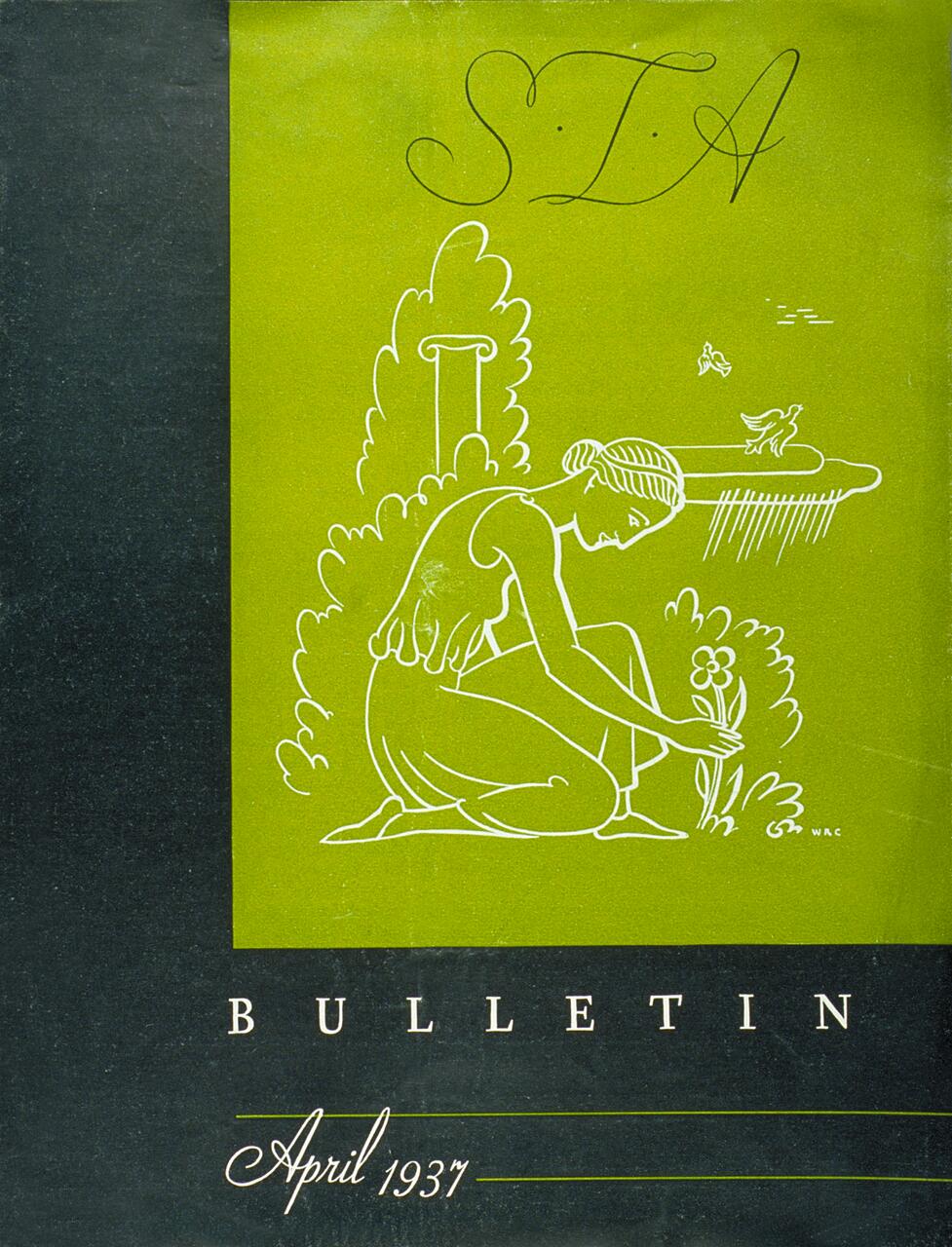 Stylized drawing of a person kneeling and tending to flowers, set against a green background with a column and birds. Decorative text reads "S.I.A Bulletin April 1937" on a black section below.