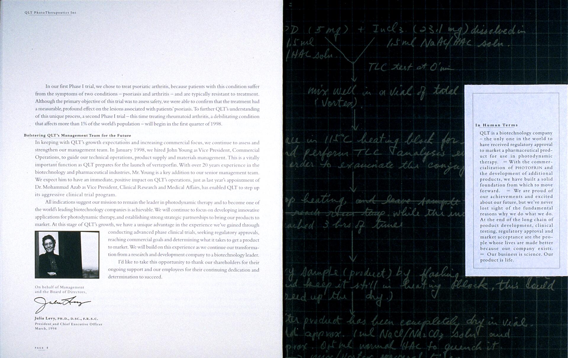 Left page features a letter discussing QLT's trial and future plans, signed by a CEO with her photo. Right page shows handwritten scientific notes on a dark grid paper alongside printed text about QLT’s biotechnology achievements.
