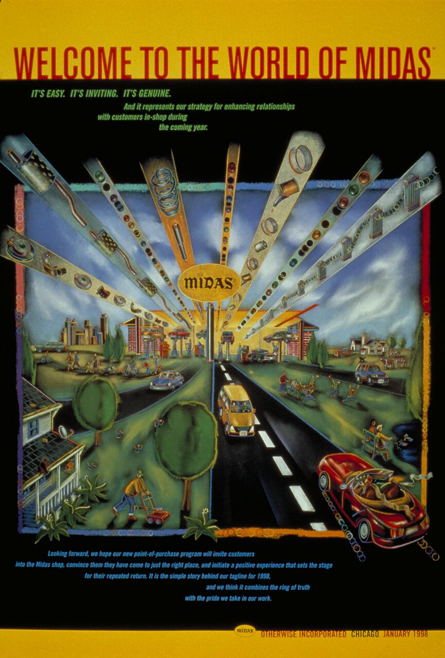 Colorful illustration of a suburban street scene with a car labeled "Midas" in the center. Suburban houses, trees, and buildings surround the road. Sunburst pattern features automotive tools and parts. Upper text welcomes to "The World of Midas," promoting customer engagement.