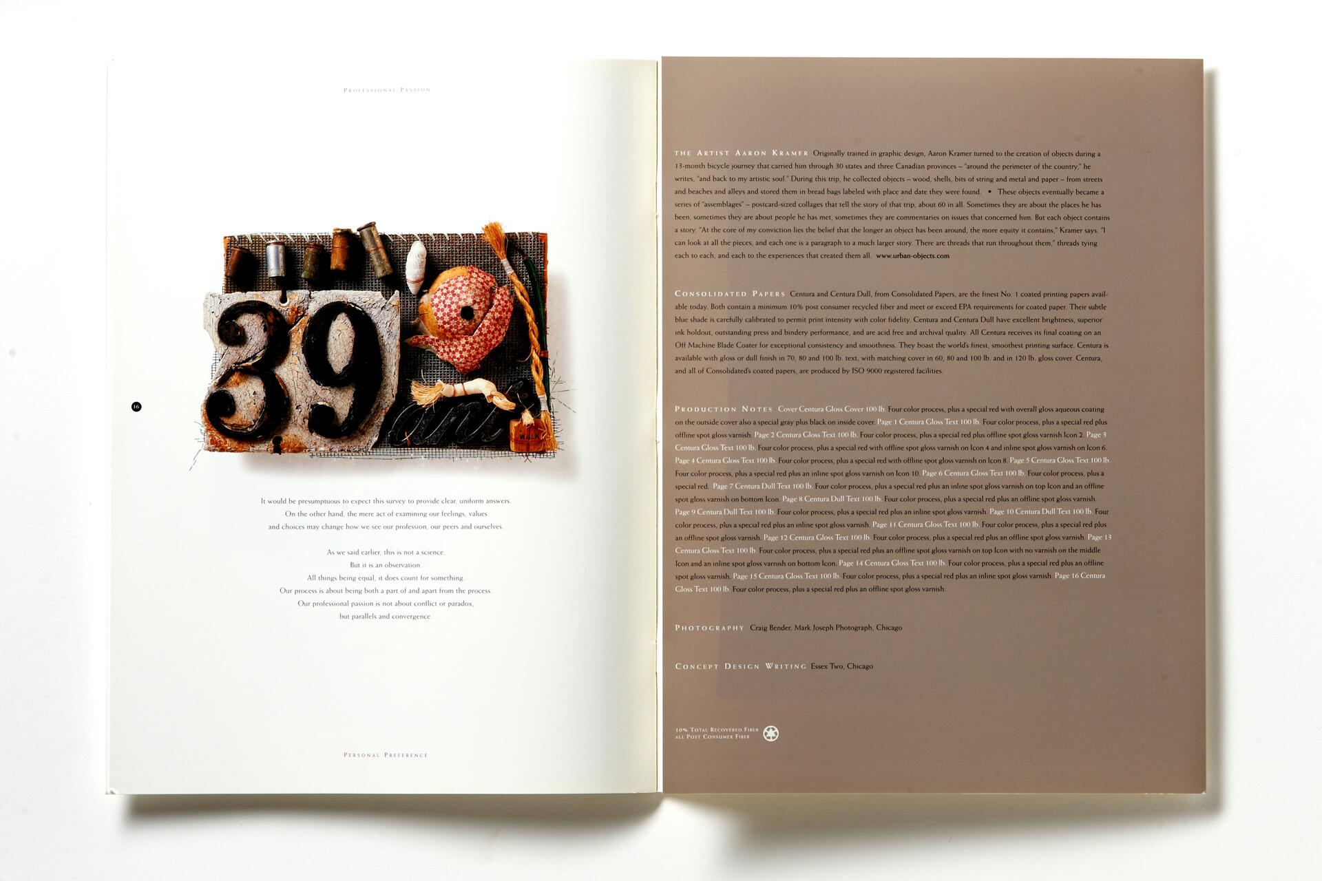 Two-page spread with a textured art piece featuring the number "39," colorful thread spools, and a red patterned bird on the left page. The right page contains text about artist Aaron Kramer's work, production notes, and design credits.