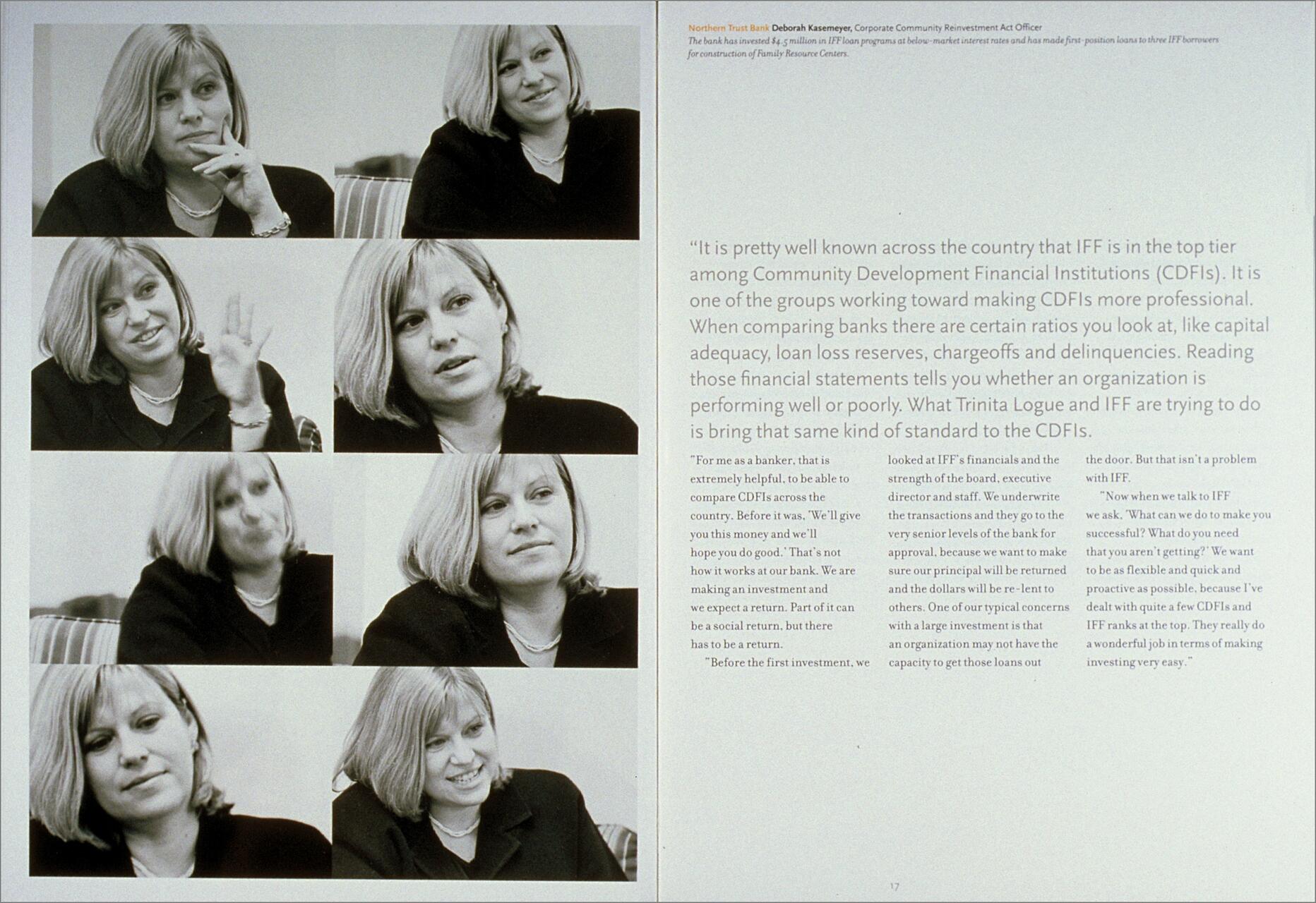 A series of black-and-white photographs of a woman with short blonde hair, displaying various expressions while speaking or listening. She wears a black blazer and a necklace. The right side features text discussing financial standards and investments.