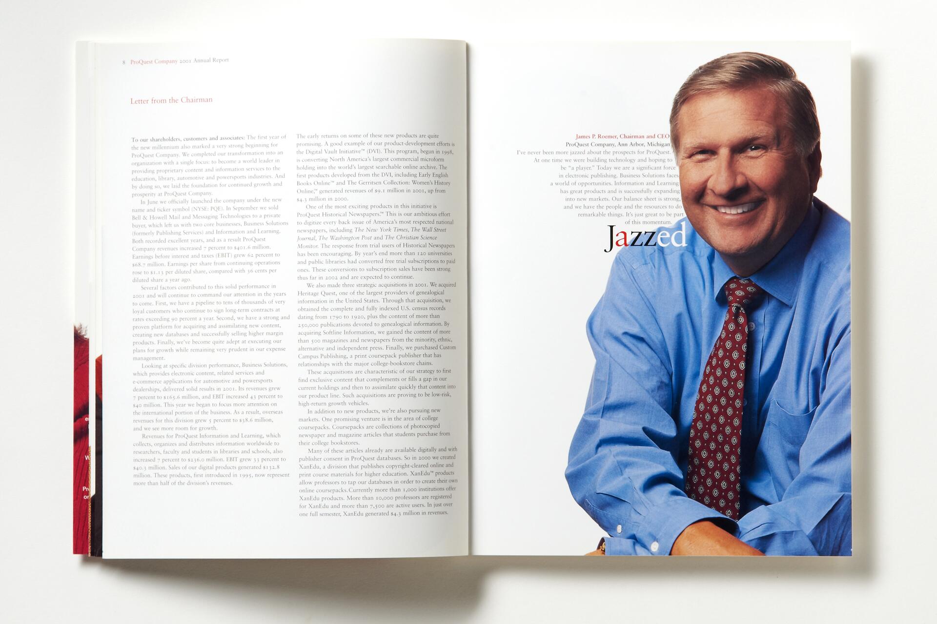 Magazine spread with text and a photograph. The left page features a "Letter from the Chairman." The right page shows a smiling man in a blue shirt and patterned tie next to the word "Jazzed" in red and blue text.