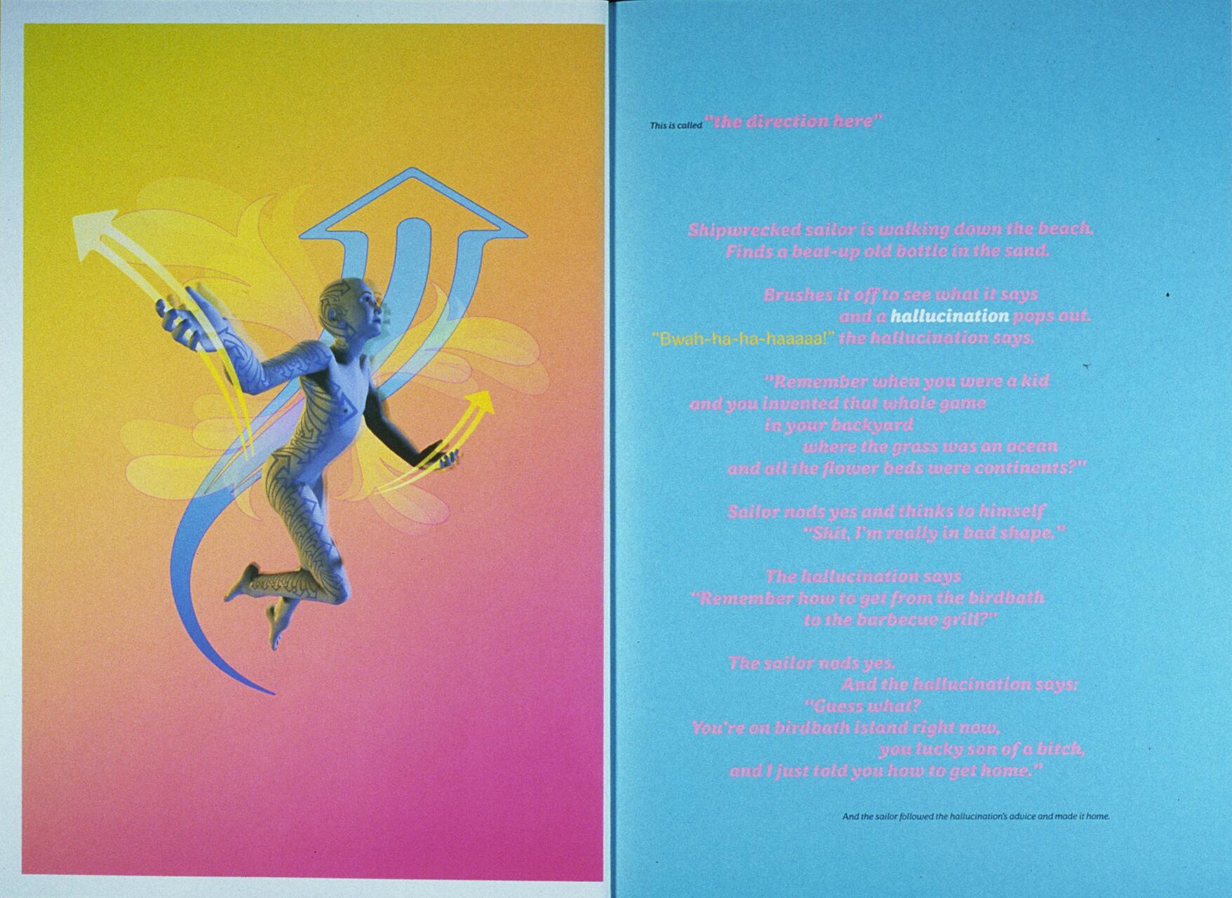 Statue-like figure with intricate patterns jumps joyfully against a vibrant gradient background from yellow to pink. Multiple blue and yellow arrows curve around, emphasizing motion and direction. Text appears on a blue section to the right.