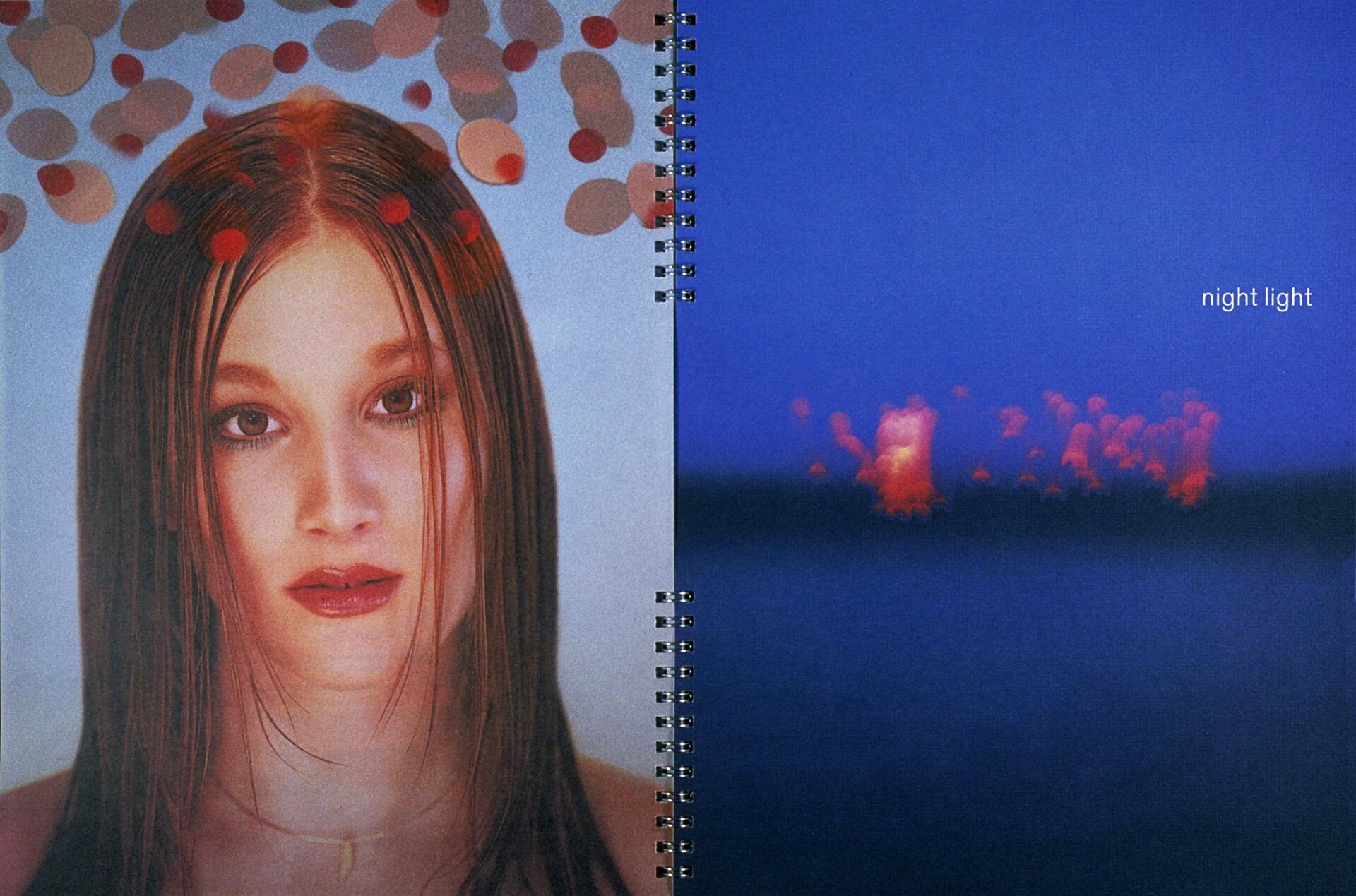 A split image with a close-up of a woman on the left, her red hair highlighted by red and brown dots. The right side shows a dark blue abstract scene with blurred red lights, evoking a night setting.
