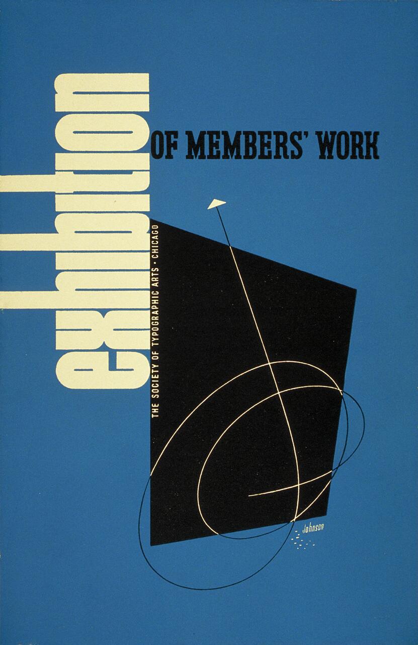 Blue and black graphic design poster with abstract white lines and the word "exhibition" written vertically.