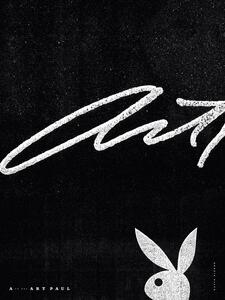 White cursive text on a textured black background with a white silhouette of a bunny head in the bottom right corner.