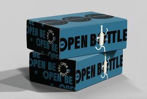 25B-05c_The Open Bottle Visual Identity: Two blue boxes stacked, featuring bold black text "The Open Bottle" and symbol of a bottle with legs_Jack Muldowney