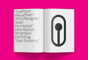 25B-11b_/v: Magazine — Issue 1 - Open book against pink background, left page with text listing typeface details, right page showing a bold black abstract symbol in the center_Sean Fermoyle