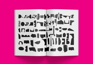 25B-11c_/v: Magazine — Issue 1 - Open magazine with abstract black shapes on a white page, set against a bright pink background_Sean Fermoyle