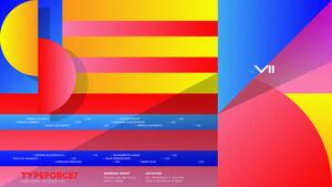 16A-38_Abstract geometric design, overlapping circles and rectangles in vibrant red, yellow, blue, and pink hues, featuring the text "VII" and details for "Typeforce 7" event_Nick Adam/Matt Soria/Bryant Smith