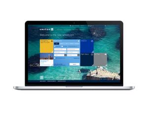 16A-39_United Airlines homepage, featuring a blue and yellow booking section over a turquoise ocean background with rocky cliffs_Kris Leigh/Rebecca Gimenez/Jinhwan Kim/Dan Kraemer/Kathleen Brandenburg