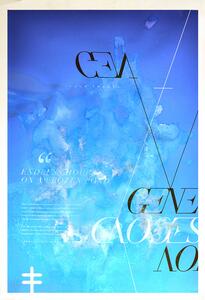 16A-40_Poster: Abstract graphic with overlapping text and geometric lines on a textured blue background_Jeremy Hlinak