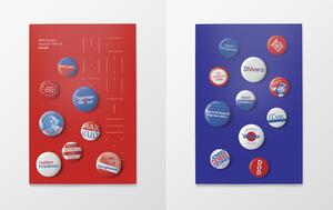 16A-42_MAS Context–Debate: Two graphic covers display an array of colorful campaign-style buttons against red and blue backgrounds_Alisa Wolfson/Eavan Wellner/Peter Ty
