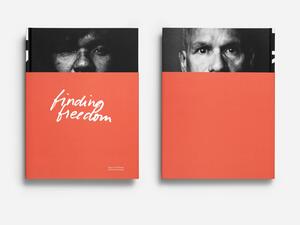 16A-43_Finding Freedom - Poetry and Portraits of Former Inmates: Two book covers with a partial black-and-white portrait on top and solid red below with the cover title in handwritten script_Alisa Wolfson