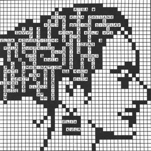 26A-01_Elsa Kula Advertisement: Black and white crossword puzzle art forming a woman's profile, filled with various words related to design, art, and creativity_Elsa Kula