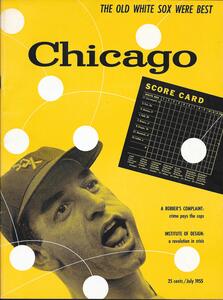 26A-02A_Chicago Magazine Cover: Yellow magazine cover featuring a baseball player in a "SOX" cap, with a scorecard and title "Chicago." White text includes the phrase "The Old White Sox Were Best." Random white circles and lines decorate the cover_Elsa Kula