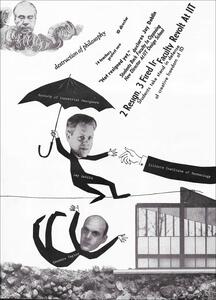 26A-02B_Chicago Magazine Illustration: Collage-style graphic featuring black-and-white cutouts of faces and text. A figure holds an umbrella labeled "Society of Industrial Designers" while balancing on a line. Another upside-down figure is below, with cutout windows and rocks in the background_Elsa Kula