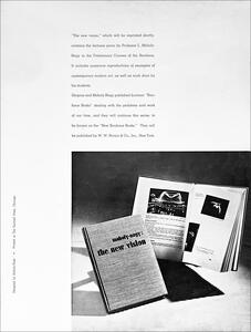 26A-09B_School of Design Catalog: Black and white photograph of a book titled "Moholy-Nagy: The New Vision" standing upright, with another open book showing art reproductions next to it. Accompanied by a text block with details about the publication.