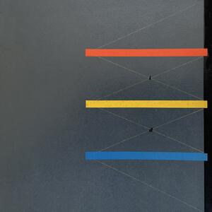 26A-11_Institute of Design Brochure: Three horizontal bars, red, yellow, and blue, connected by diagonal dashed lines on a gray background with a black vertical stripe on the right.