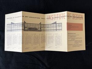 26A-15_Tri-fold brochure for the Illinois Institute of Technology, 1955. The inside displays a black and white architectural drawing and course details for a Master of Science in Art Education, with sections on location and registration data in red and beige tones.