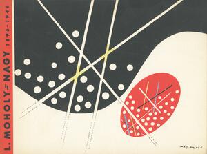 26A-16_Moholy-Nagy Catalog: Abstract graphic with intersecting white and yellow lines on a black background, dotted with white circles. A red oval features similar lines and dots, creating a dynamic and geometric composition_Suzette Hamill